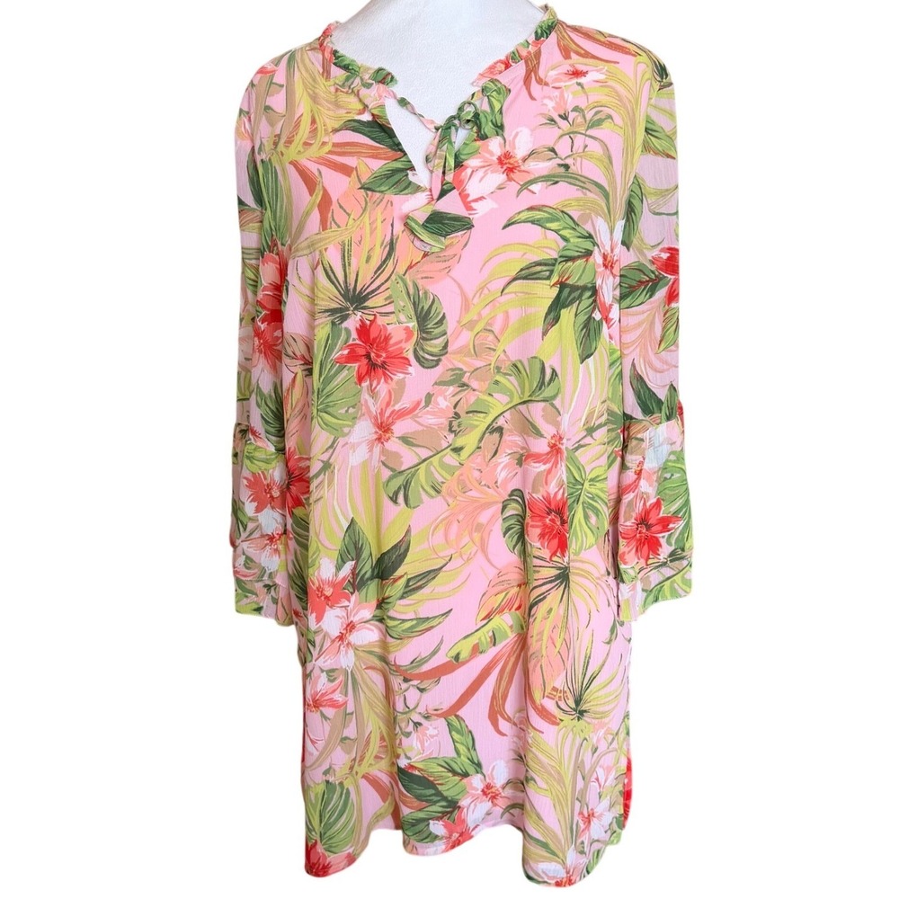 J. Jill Pink Tropical Floral Bell‎ Sleeve Tunic Womens Medium Lined Tie Neck
